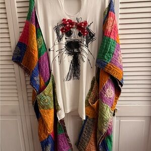 Colorful Patchwork Poncho Kimono with Dog Print Tee